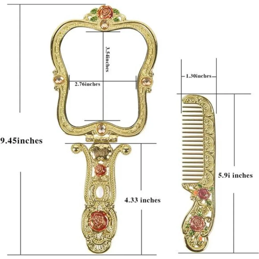 Antique Mirror Comb Set Vintage Metal Handheld Makeup Mirror with a Comb Russian